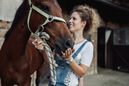 Girl holding a horse