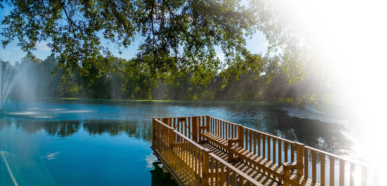 Picturesque private water feature at Waxahachie dream home with landscaped shoreline, fishing dock, lush surroundings, and sunset vistas—perfect for relaxed outdoor entertaining, family adventures, and nature-inspired tranquility.